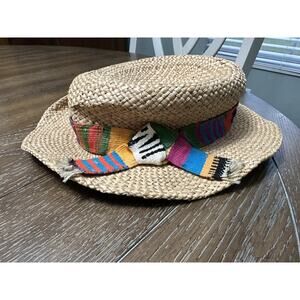 Vintage Kathy Jeanne Natural Straw Hat Sun Shade Multi-Colored Striped Band READ